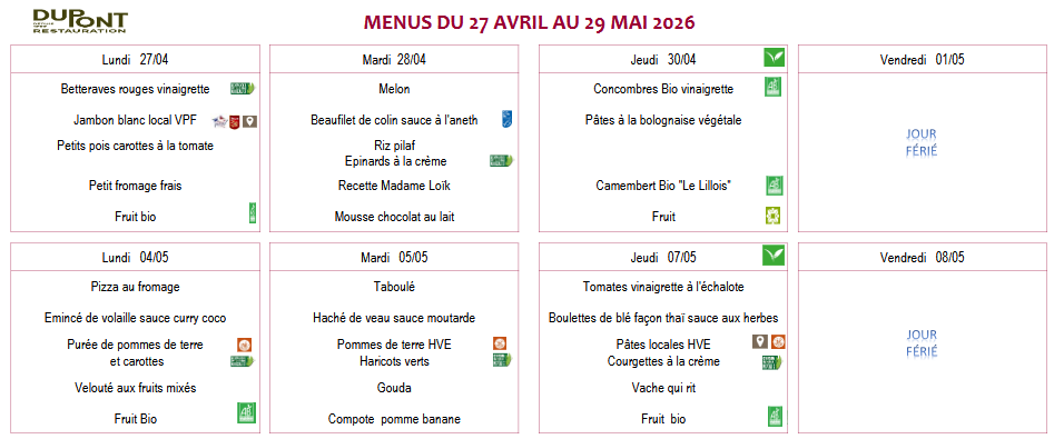 Menu Avril/Mai 2026